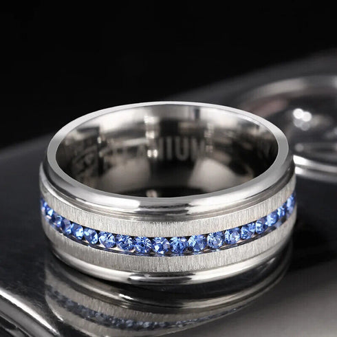 Men's 8mm Brushed Titanium Steel Blue Sapphire CZ Comfort-Fit Wedding Band